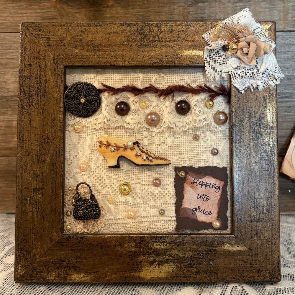 Vintage Style Wall Art “Stepping Into Grace” Christian Decor Pearls and Lace
